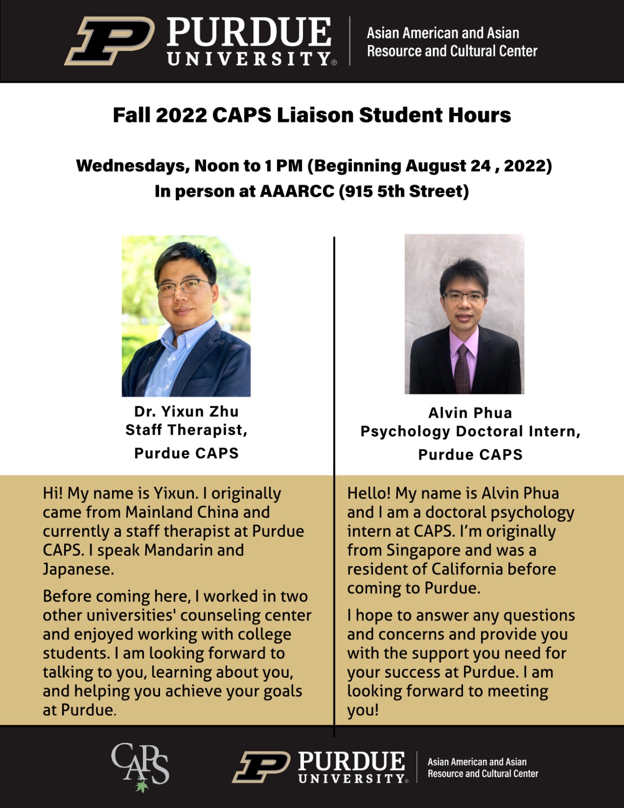 Reali-Tea Series: Purdue AAARCC & CAPS Fall 22 Date & Time: Wednesdays, 12:00 Noon - 1:00 PM ET Location: AAARCC (915 5th Street)  Conversations on mental health and well-being. Registration not required.