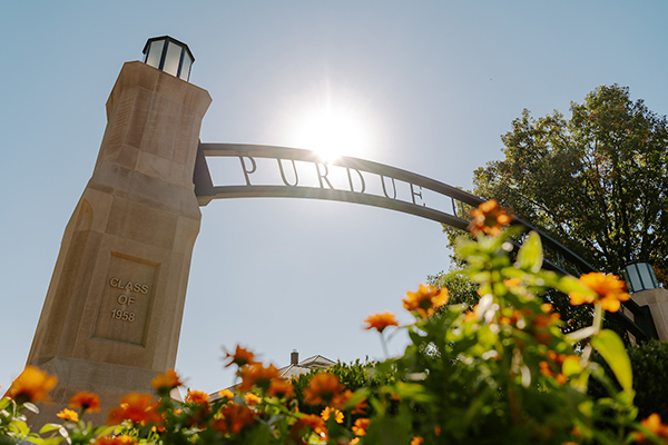 purdue sign with sun shining through