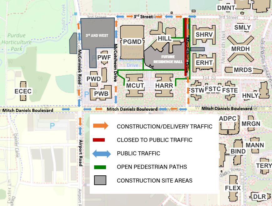 As construction on a new residence hall gets underway, several travel restrictions will be in place around Hillenbrand Residence Hall.