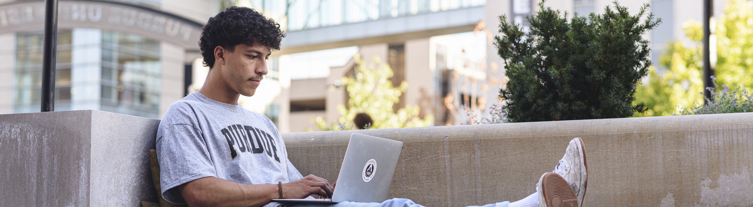 Pictured: banner image of student sitting outdoors on their laptop