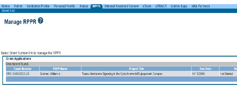 Screenshot of eRA Commons website "Manage RPPR" page with example grant number circled in red