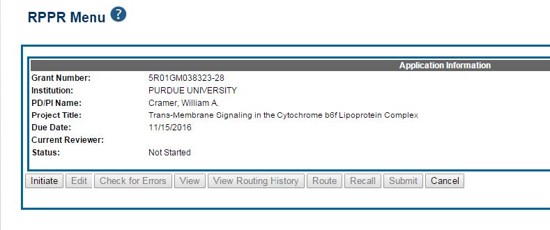 Screenshot of eRA Commons website "RPPR Menu" page with the "initiate" tab circled in red