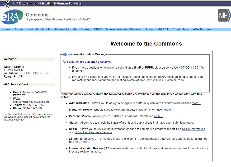 Screenshot of eRA Commons site with "RPPR" tab circled in red