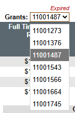 Open Grants list showing several grant numbers and an Expired status above the currently selected grant.
