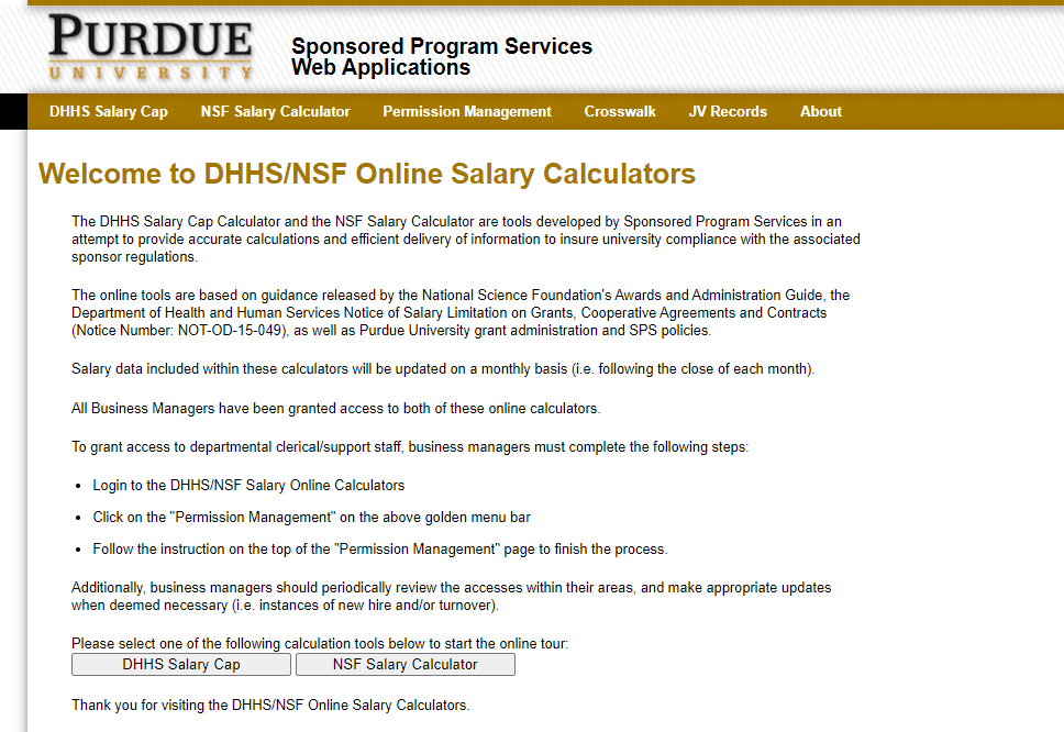 DHHS and NSF Online Salary Calculators home screen with a DHHS Salary Cap menu option and a DHHS Salary Cap Calculator button.