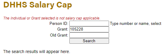 Calculator error message stating that the selected individual or grant is not salary cap applicable.