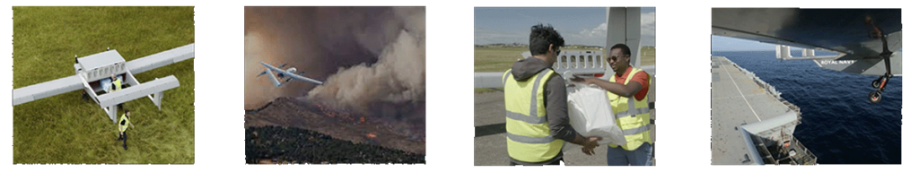 Composite of four images. The first is a large drone seen from above. Second is a drone flying over a wildfire. 