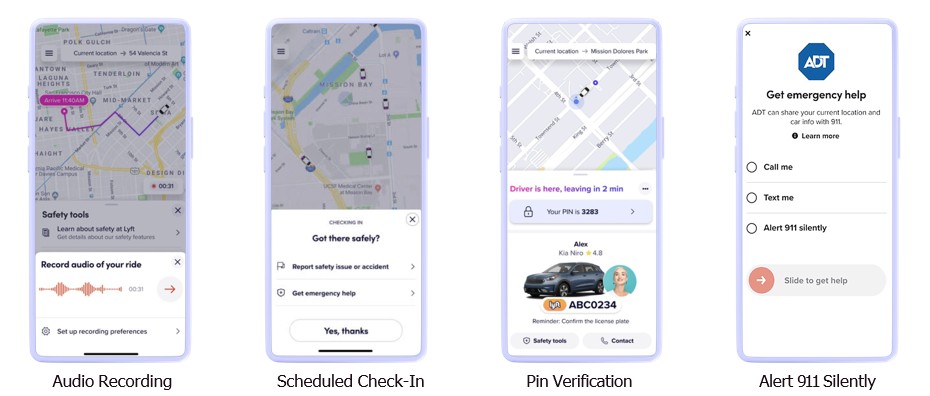Lyft provides in-app safety features, included location sharing, audio recording, scheduled check-in, pin verification and the ability to aleart 911 silently.