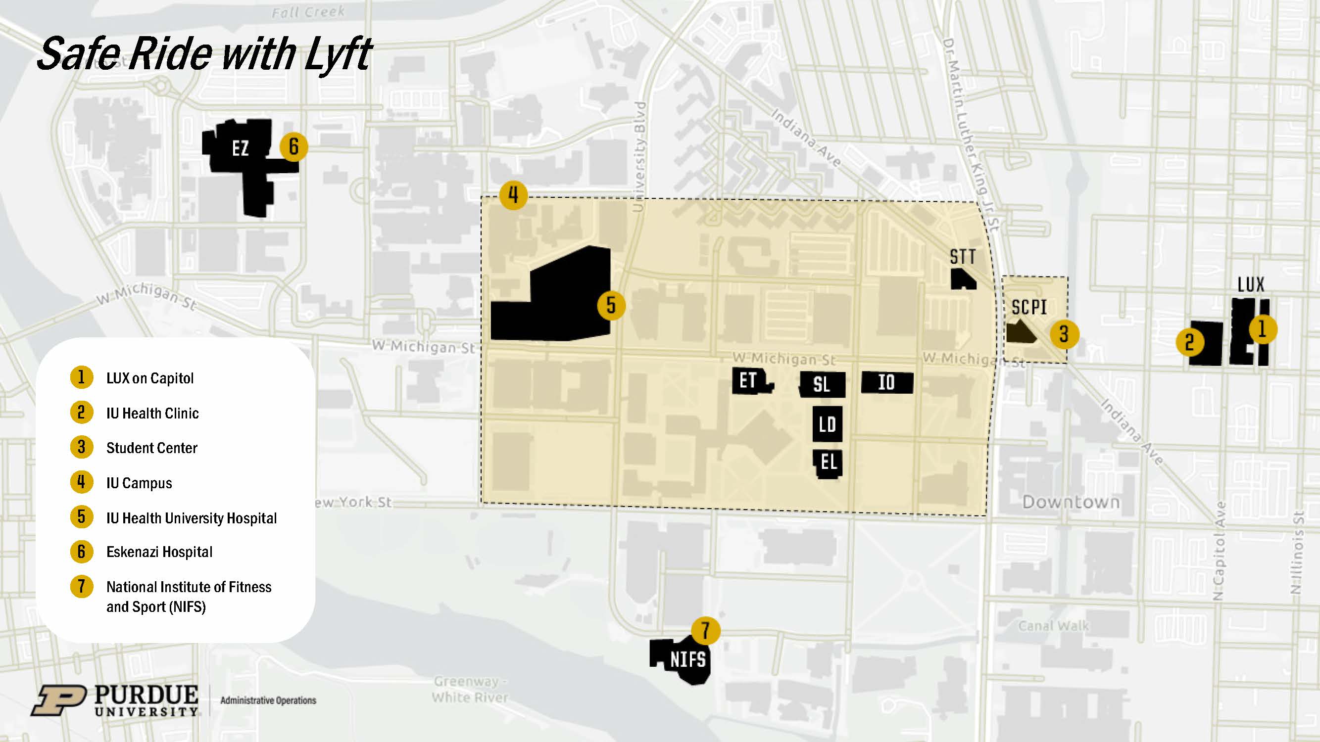 This map outlines the geo-fenced area of the Indianapolis campus and includes locations for Lux on Capitol, the IU Health Clinic, Student Center, IU Health University Hospital, Eskenazi Hospital and the National Institute of Fitness and Sport.