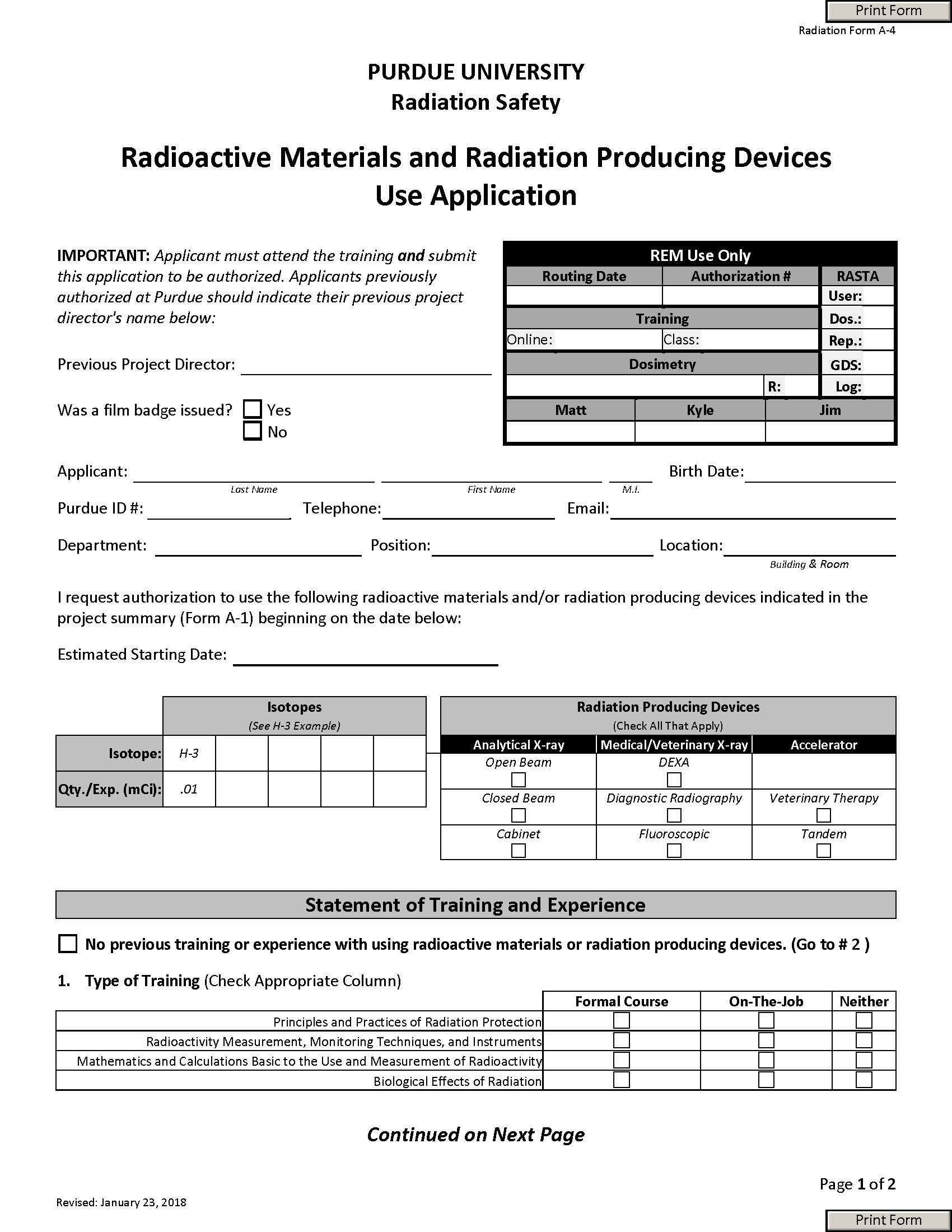 Radioactive Materials and Radiation Producing Use Application