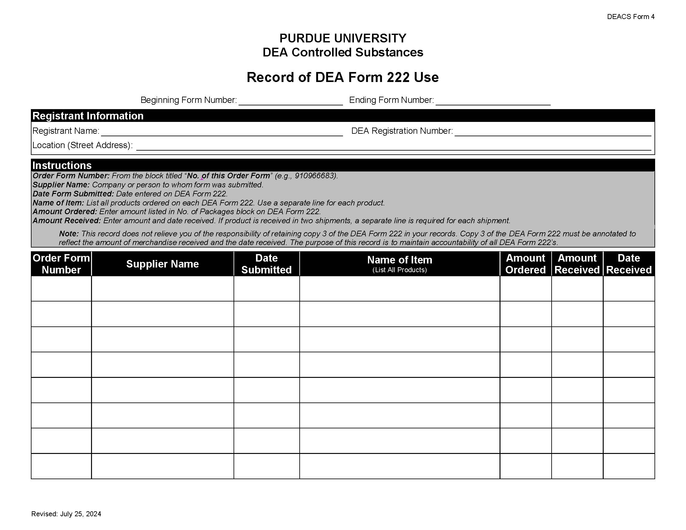 clickable link to controlled substance DEA form 222 use