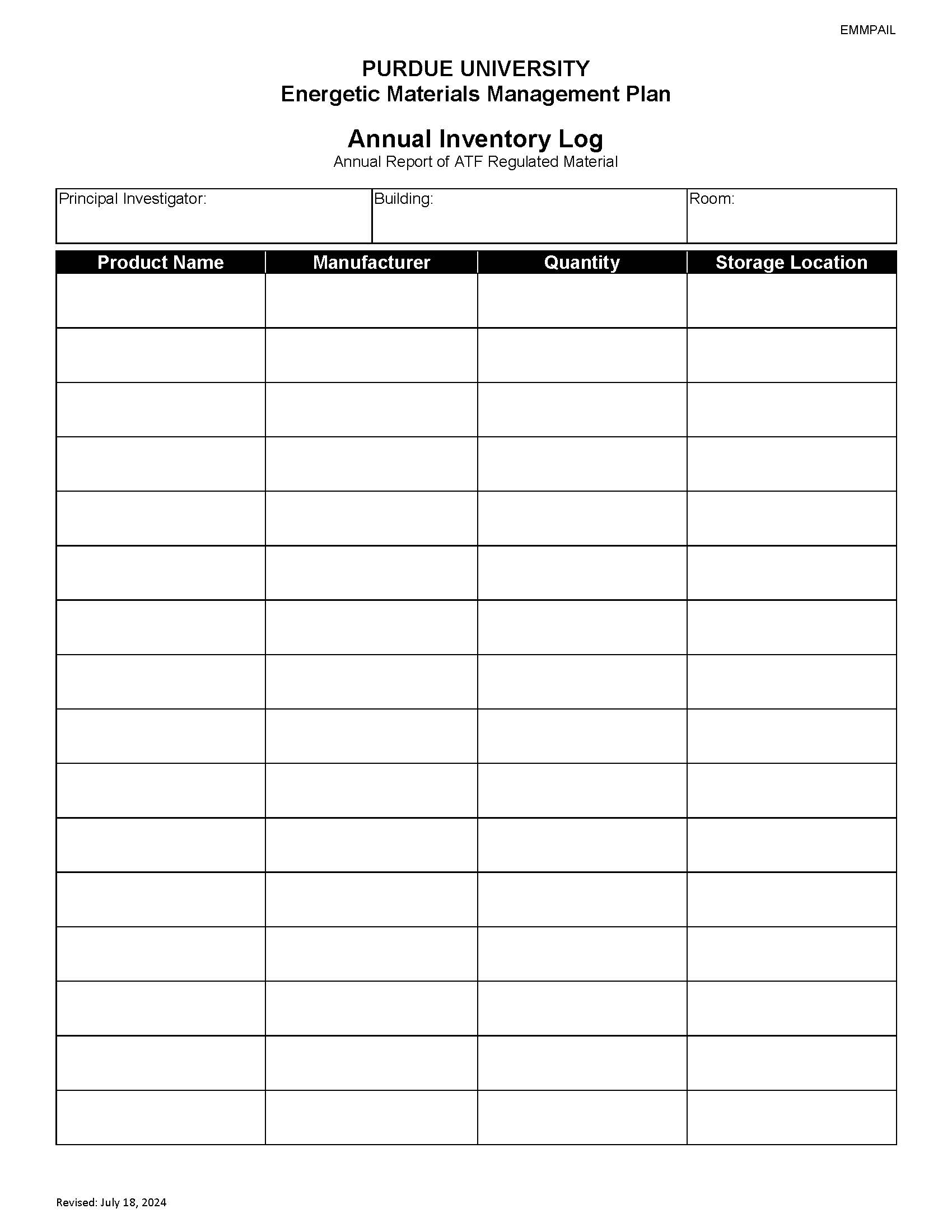 Energetic Materials Management Plan Annual Inventory Log