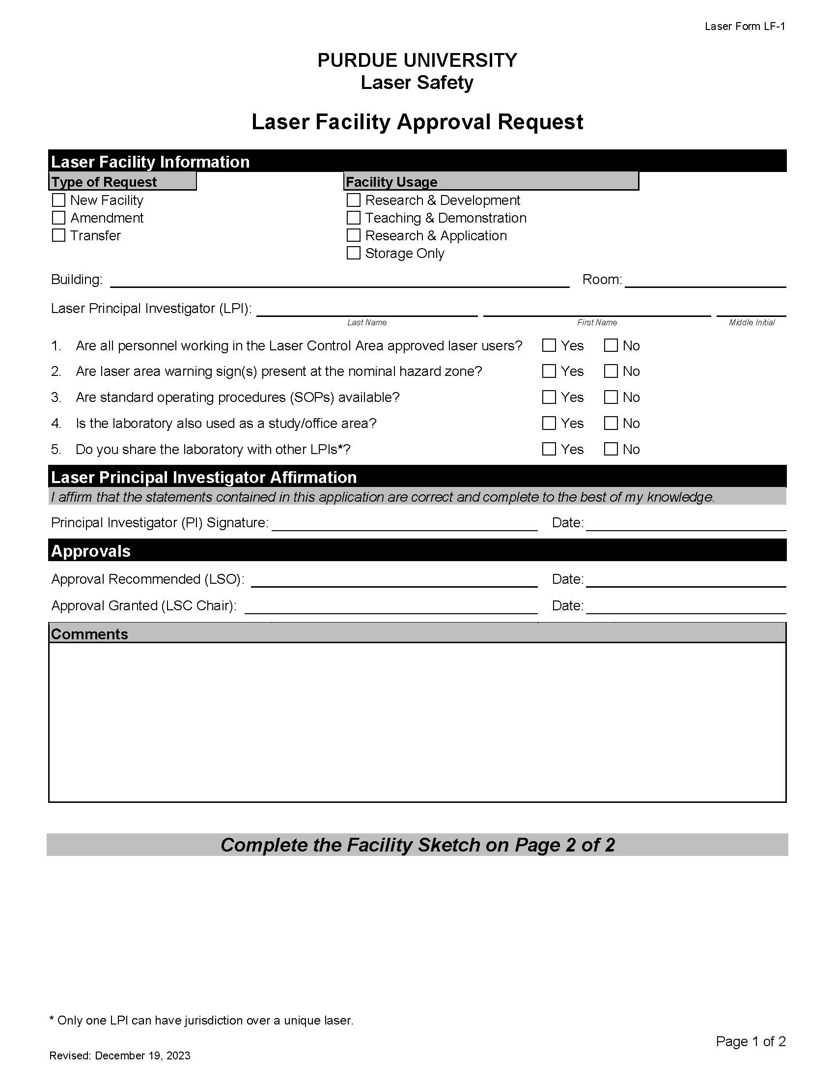 laser facility approval request form