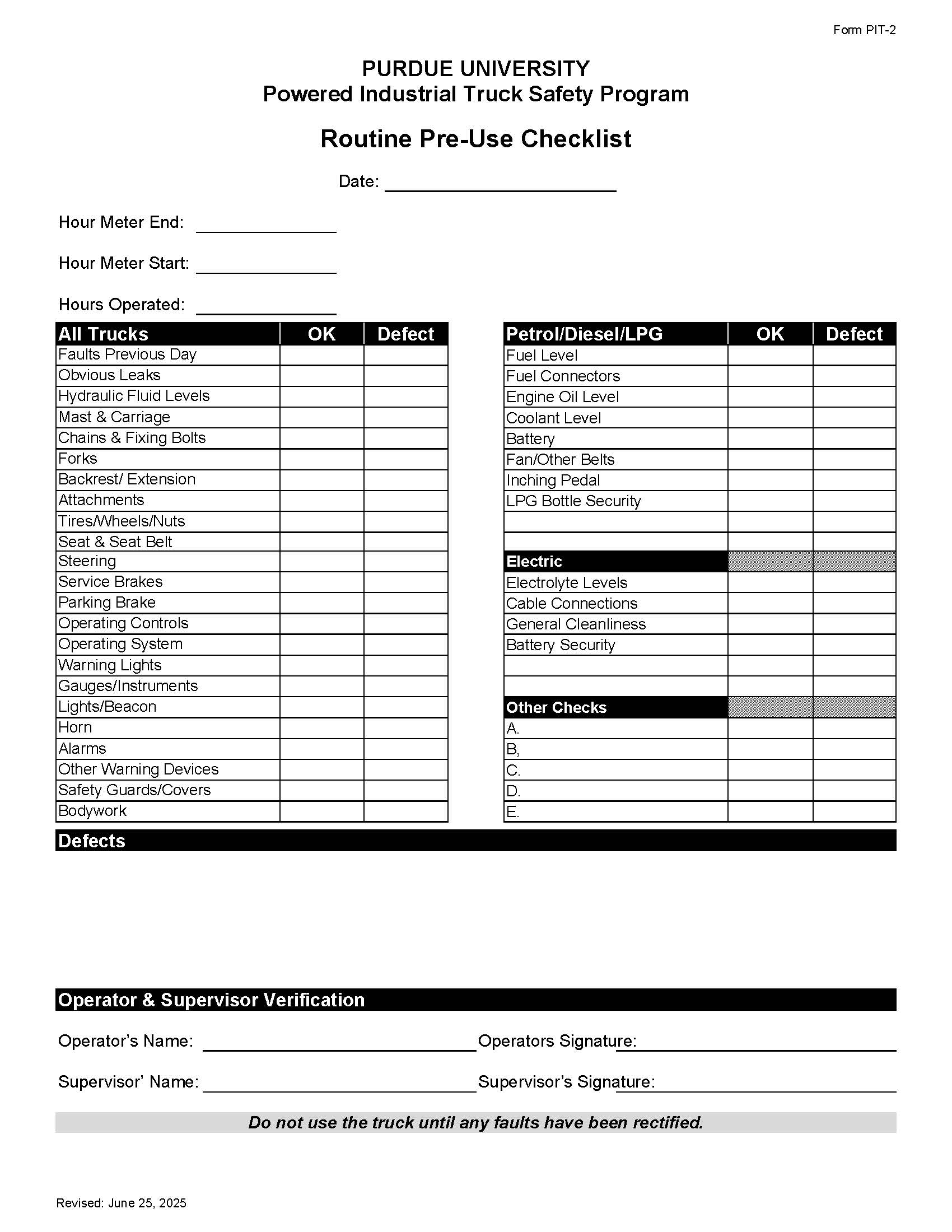 Powered Industrial Truck Routine Pre-Use Checklist