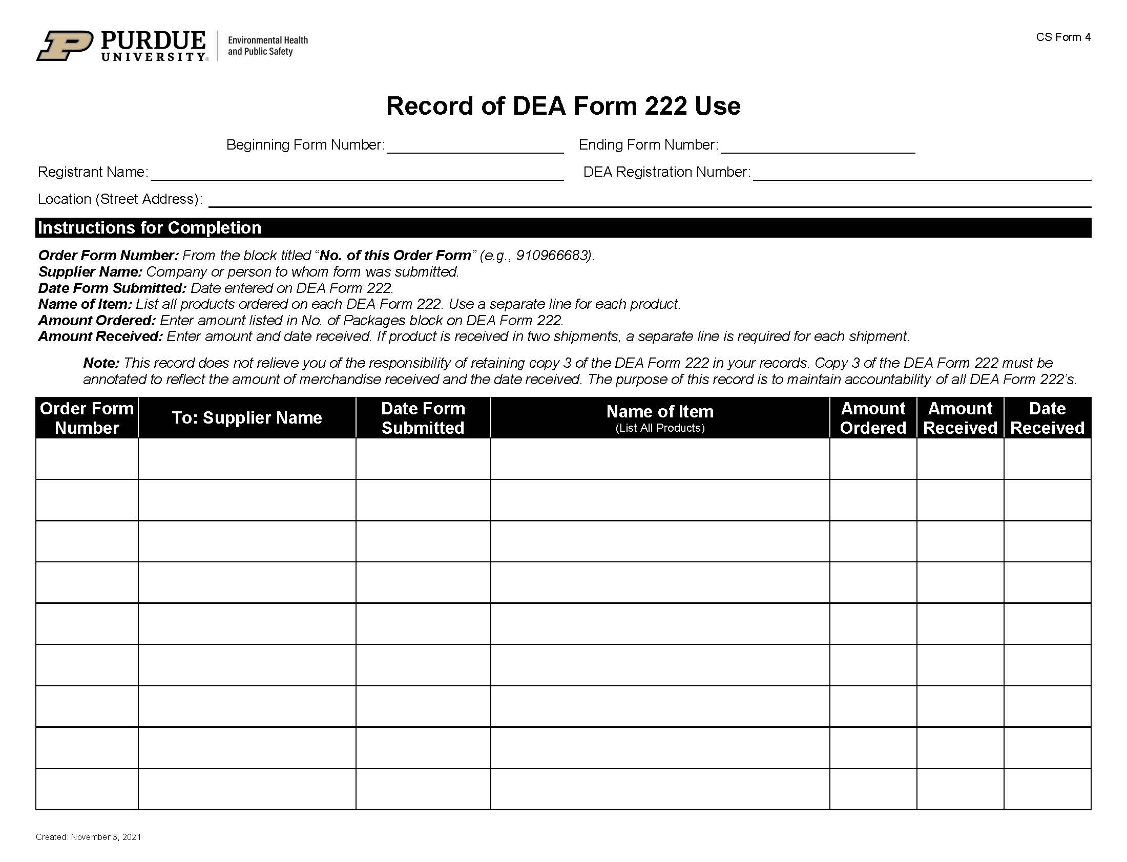 clickable link to controlled substance DEA form 222 use