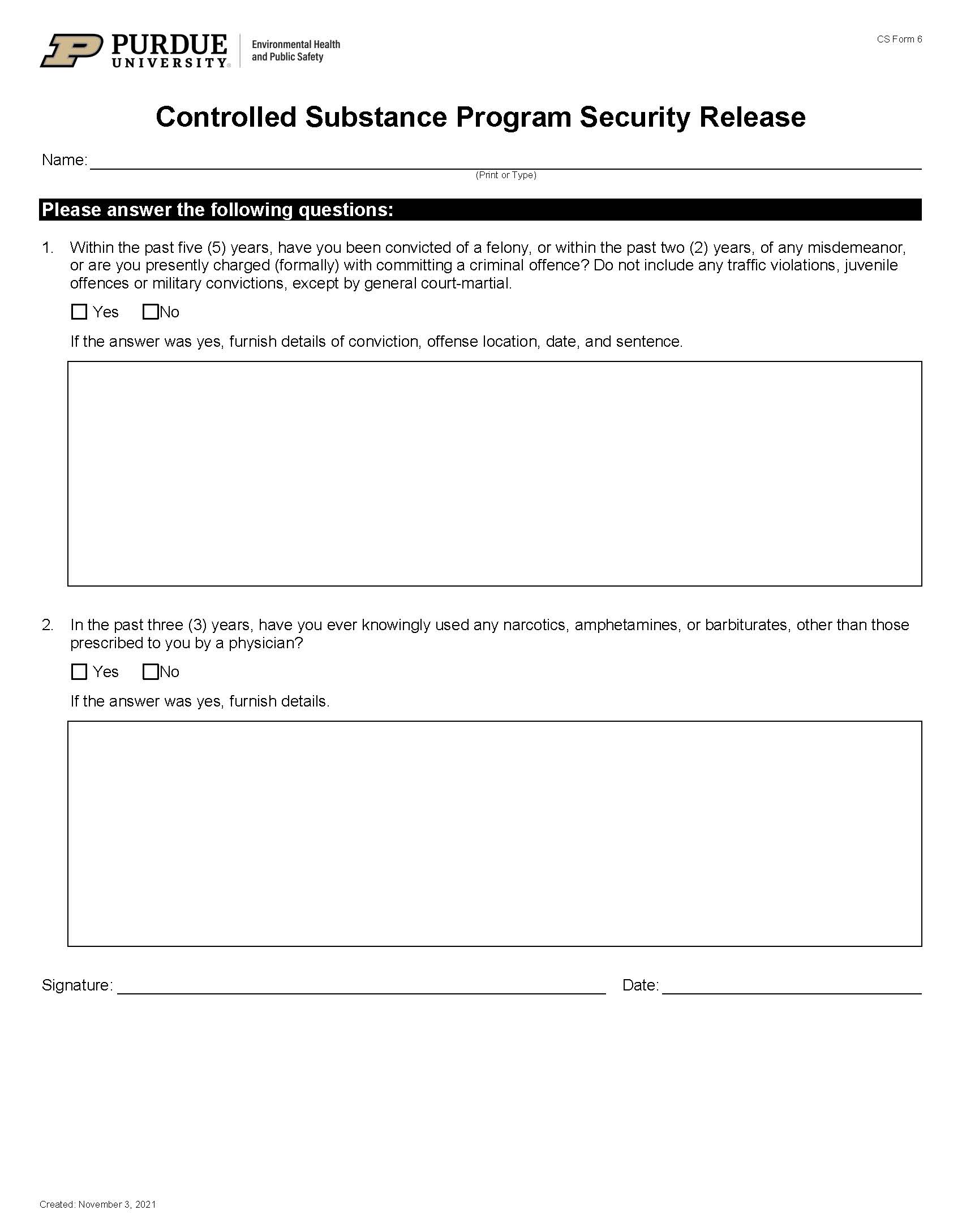 clickable link to the controlled substance security release form