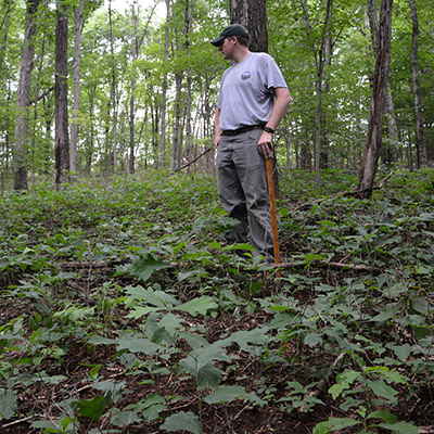 Man standing amidst an Oak-Hickory ecosystem.