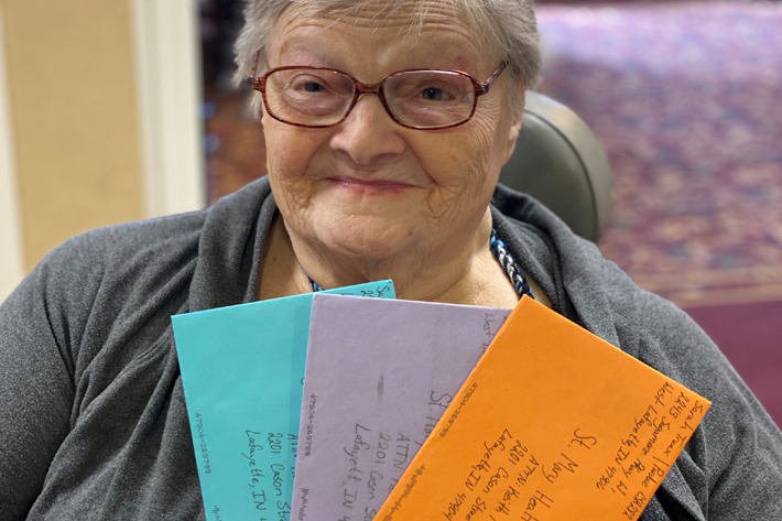 Students in HTM’s Customer Relations Management class became pen pals for residents at St. Mary Healthcare Center, writing them regularly after the pandemic shuttered in-class instruction and restricted visitors at the Lafayette nursing home. 