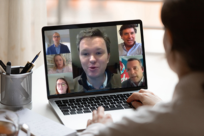 HTM lecturer Stephen Leitch, center in this photo composite, helped launch the Virtual HTM and CSR Lecture Series. The talks connected HHS students to industry experts, from bottom left, Molly Kurth, Anne Book, Jason Kreul, Art Norins and Coley O’Brien.