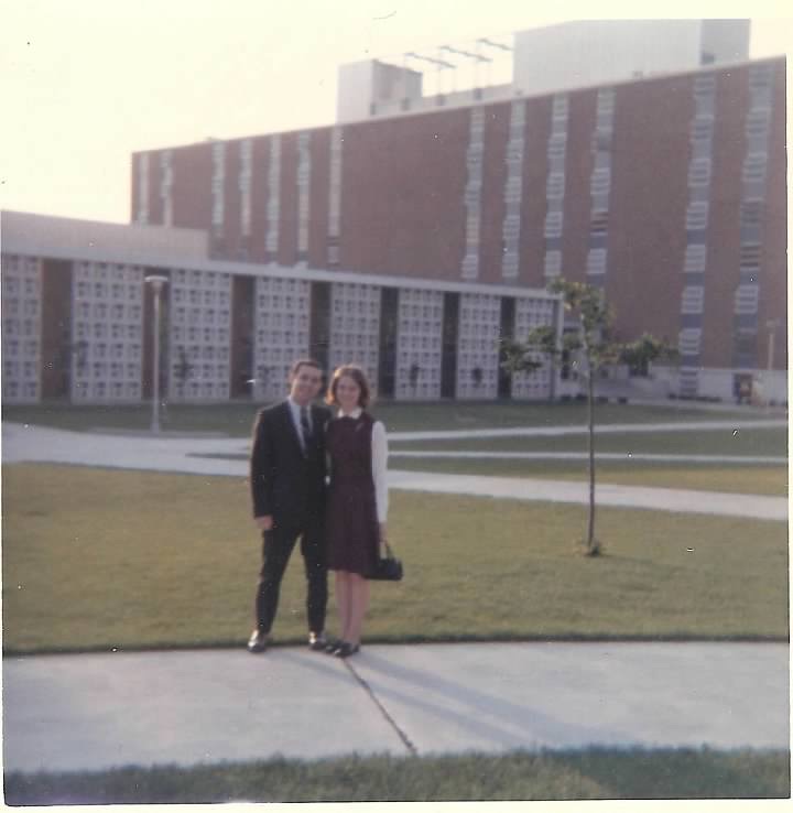 Roger and Vicki stand outside of Earhart Hall in 1968. The two met at a Harrison Hall–Earhart Hall social gathering and were married in August 1968.