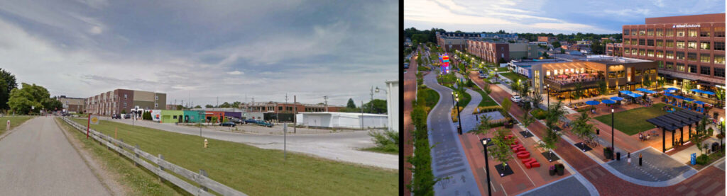 Before and after images of Monon Boulevard and Midtown Plaza.