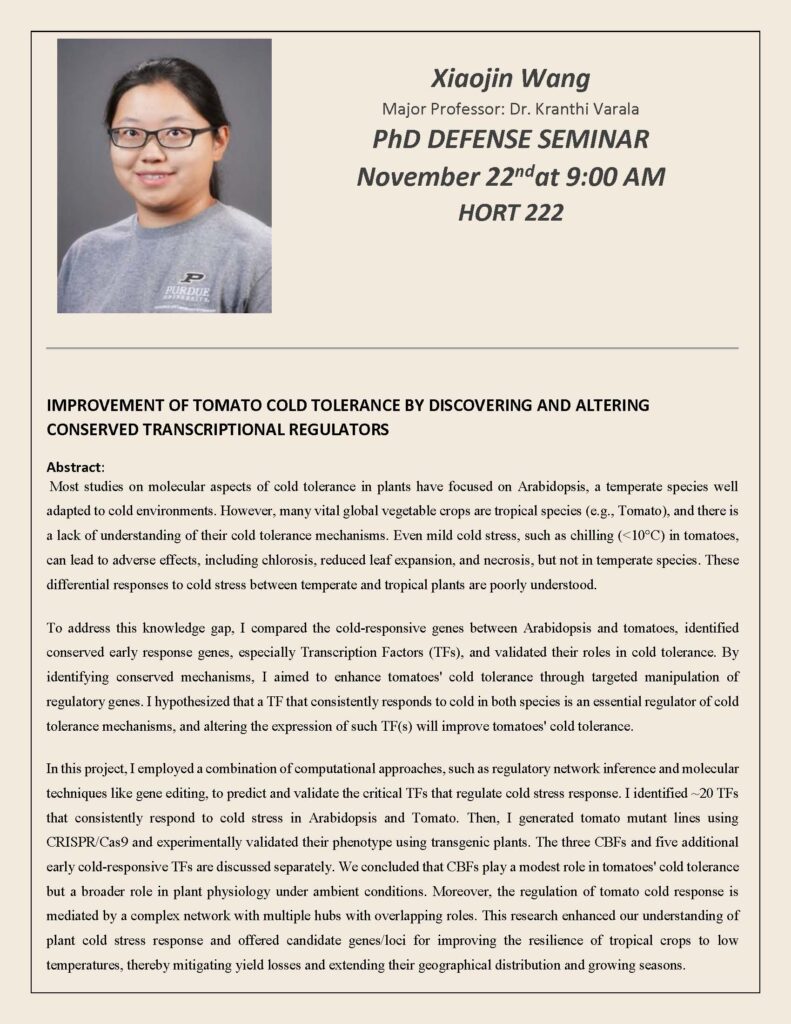 Xiaojin Wang PhD Defense Seminar flyer.