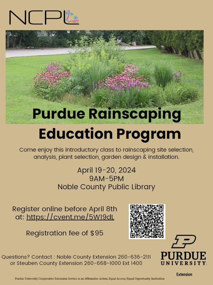 Flyer for the Purdue Rainscaping Education Program in Noble County.