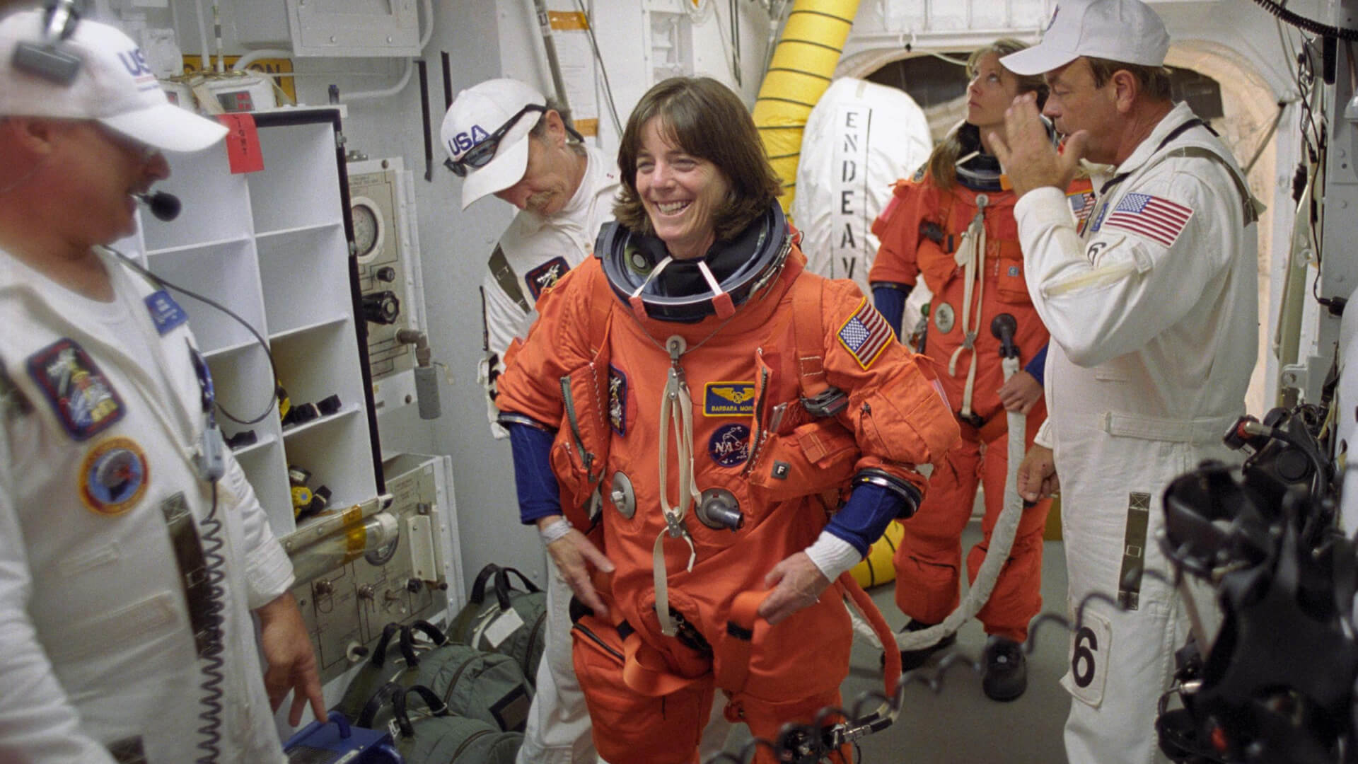 Barbara Morgan in a NASA space suit.