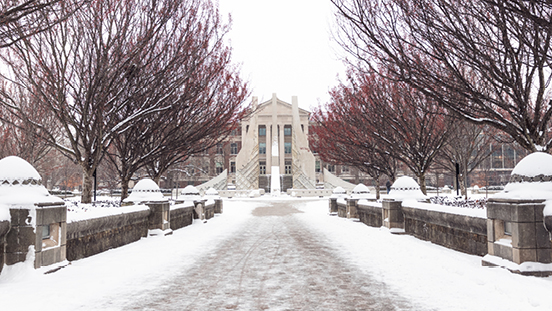 A fountain on campus during the winter. 