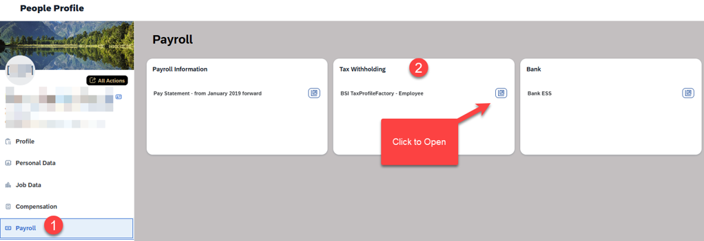 Screenshot of the SuccessFactors People Profile with Payroll selected and the Tax Withholding area link indicated. 