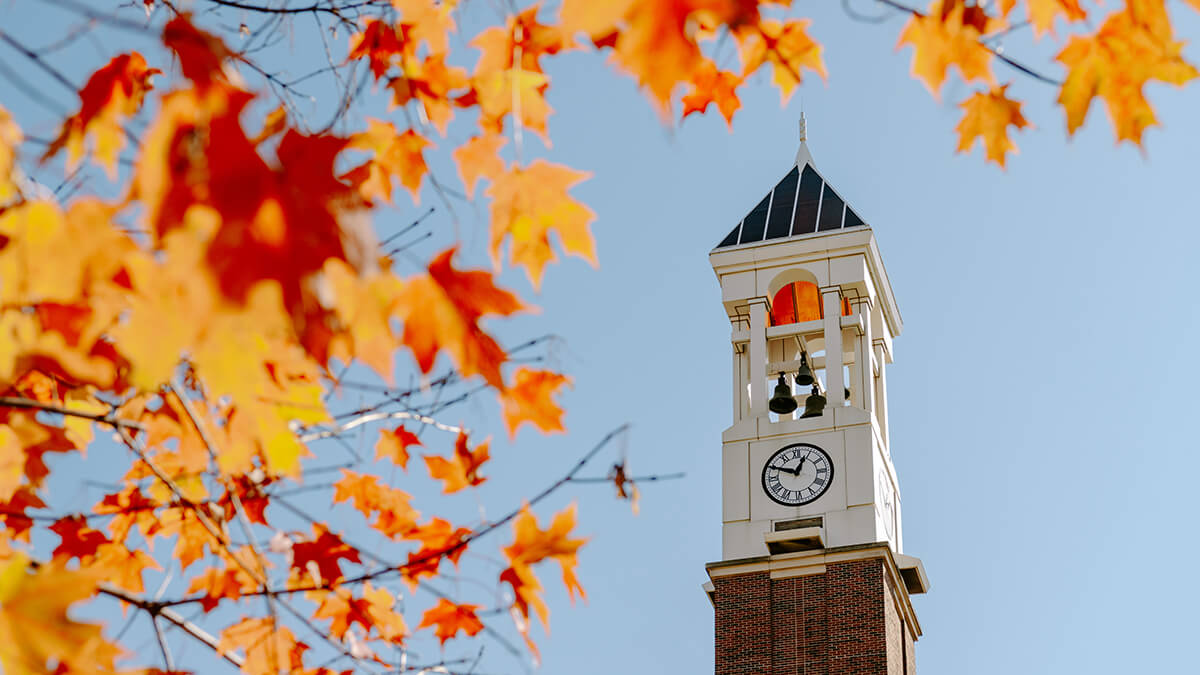 The Bell Tower at Purdue during the fall season.