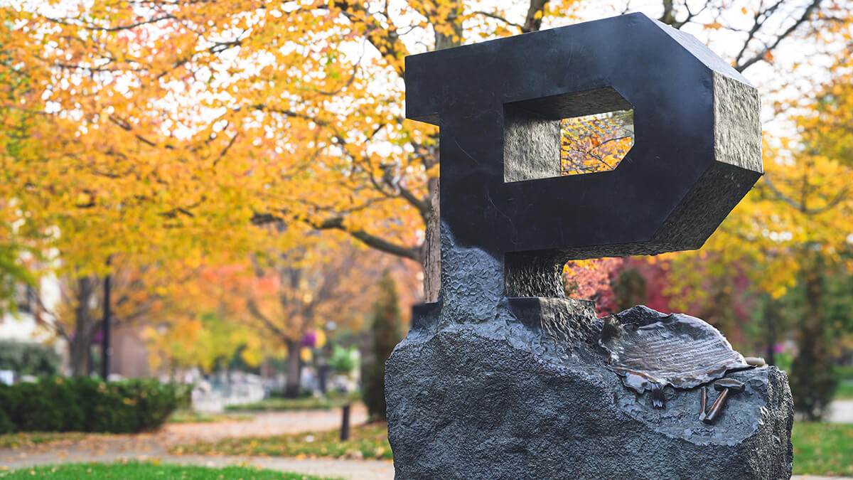 The unfinished Block P statue on the Purdue University campus.