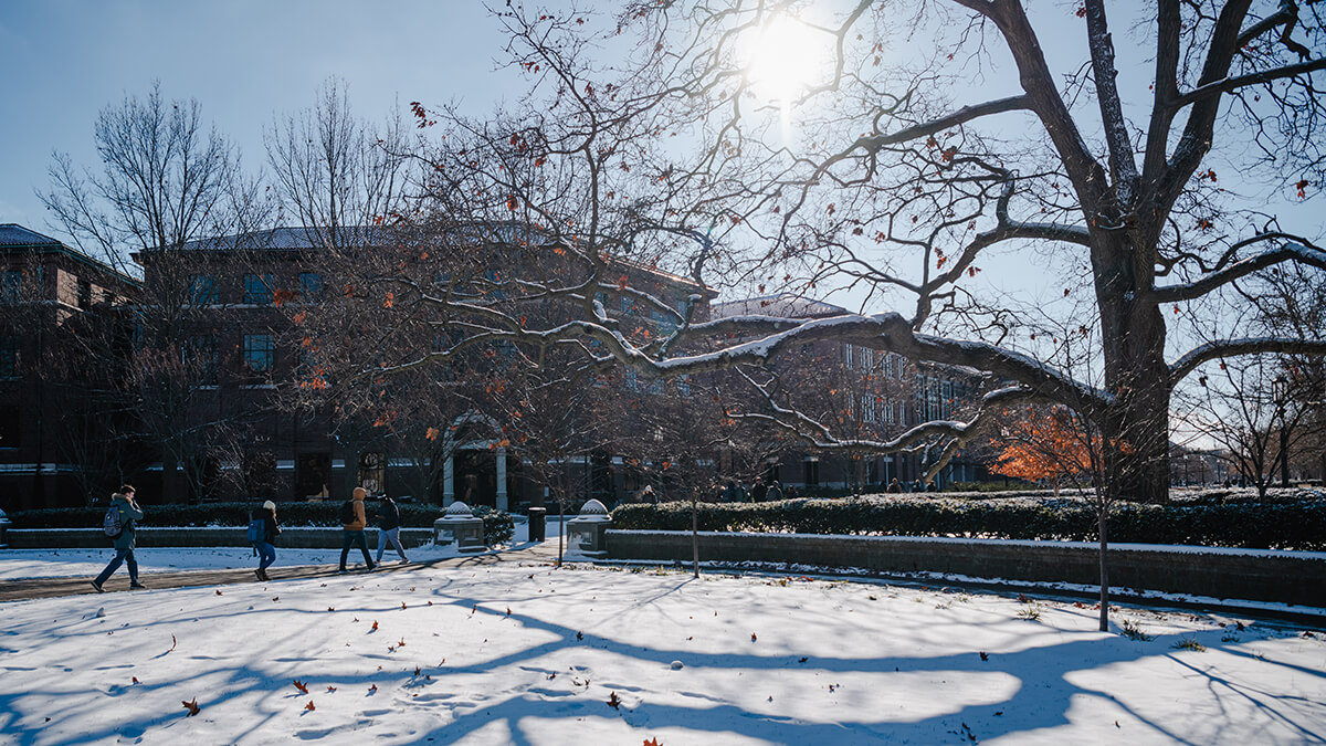 Academic building and snow on the Purdue University campus.