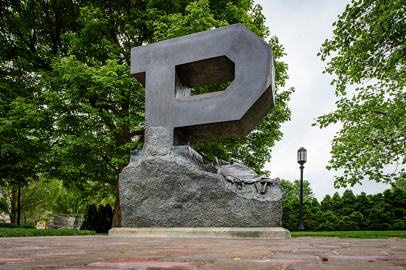 The Unfinished Block P statue on the Purdue University campus.