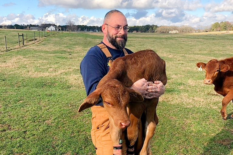 Mike Reynolds holding an injured calf.