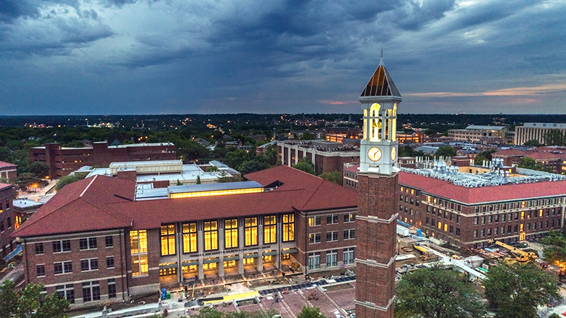 The Purdue Bell Tower and academic buildings.