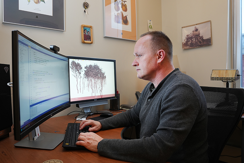 A professor sitting at his desk and on the computer.