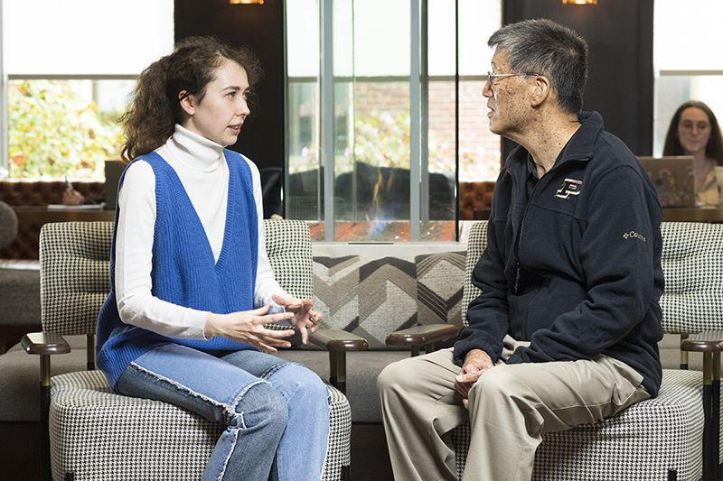 Ukrainian scholar Valeria Yatsenko (left) is grateful for the hospitality shown her by Purdue, the campus and Greater Lafayette community, including Crestview Apartments owner William Shen (right). The assistance through Purdue’s Ukrainian Scholars Initiative means she will be able to finish her doctorate in economics, international currency and risk management from the University of Kyiv on Purdue’s campus while the war continues in her home country. (Purdue University photo/John Underwood)