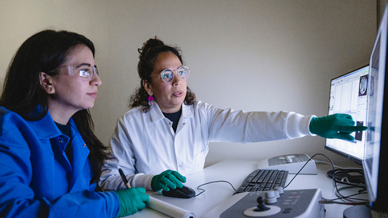 Two people collaborating in a lab setting