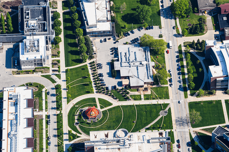 An aerial view of Discovery Park at Purdue University