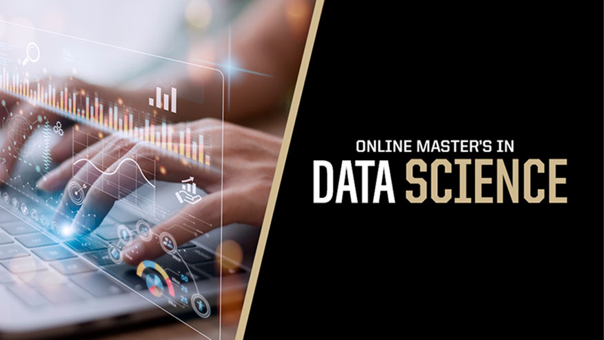 A digital display superimposed on fingers typing on a keyboard. On the right, the words online master’s in data science.