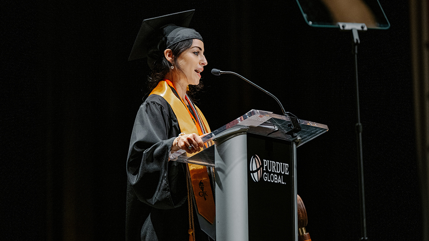 Emily Lewis speaks at the Oct. 5 Purdue Global commencement ceremonies.