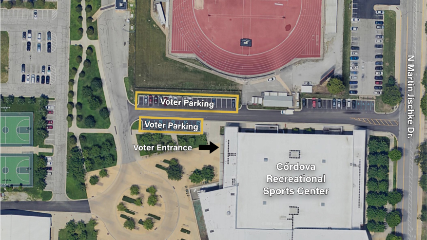 Map of voter parking and entrance at Cordova Recreational Sports Center