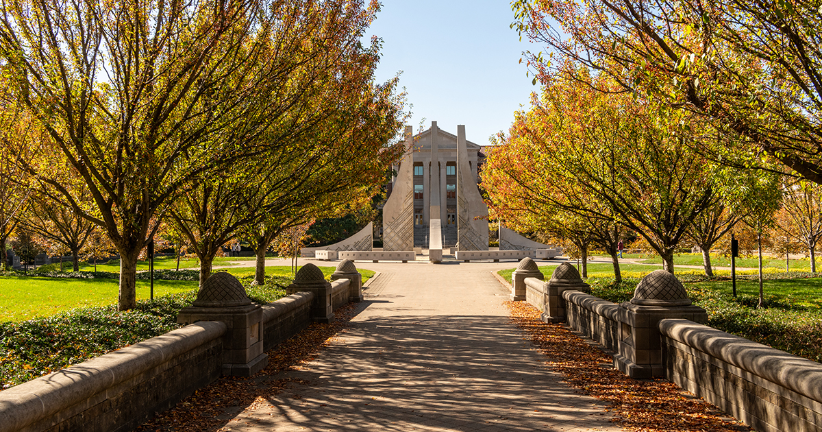 Fall trees line a walkway in the Purdue Mall leading to the Class of 1939 Water Sculpture.