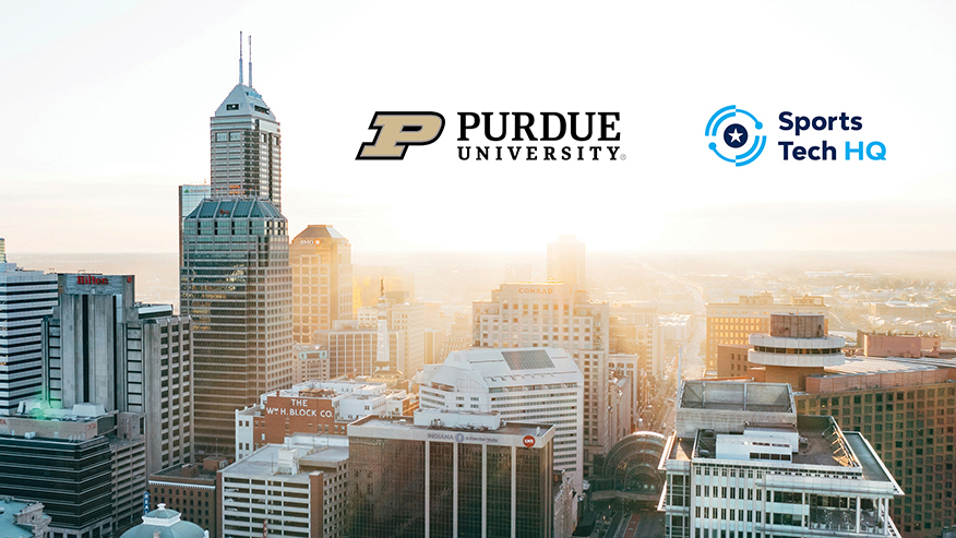 Indianapolis’ skyline with tall buildings and sunshine next to Purdue University and Sports Tech HQ logos