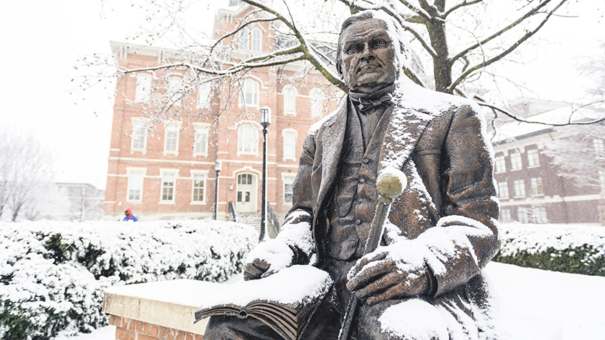 John Purdue statue in snow