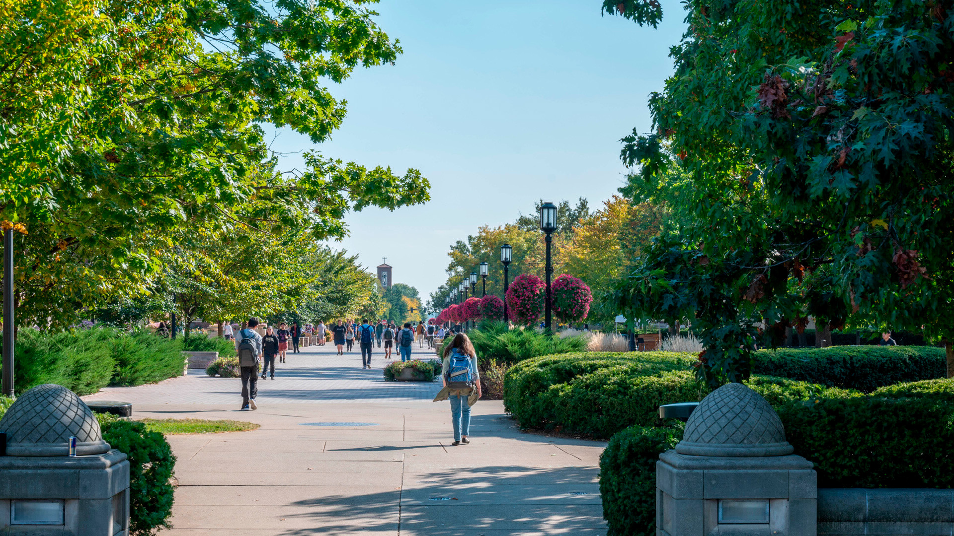 Students walking on Memorial Mall in spring.