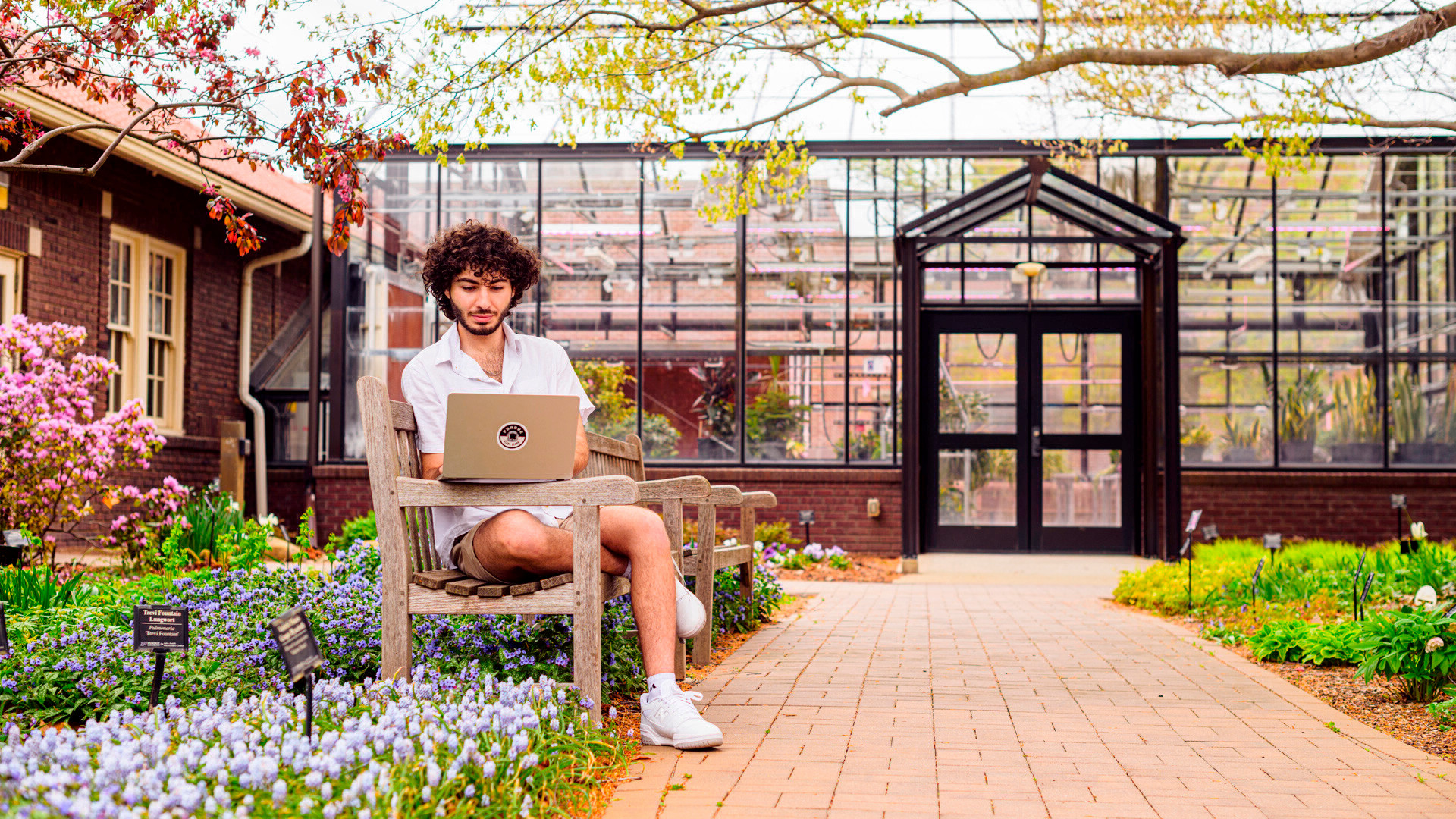 Student studying in garden with laptop.