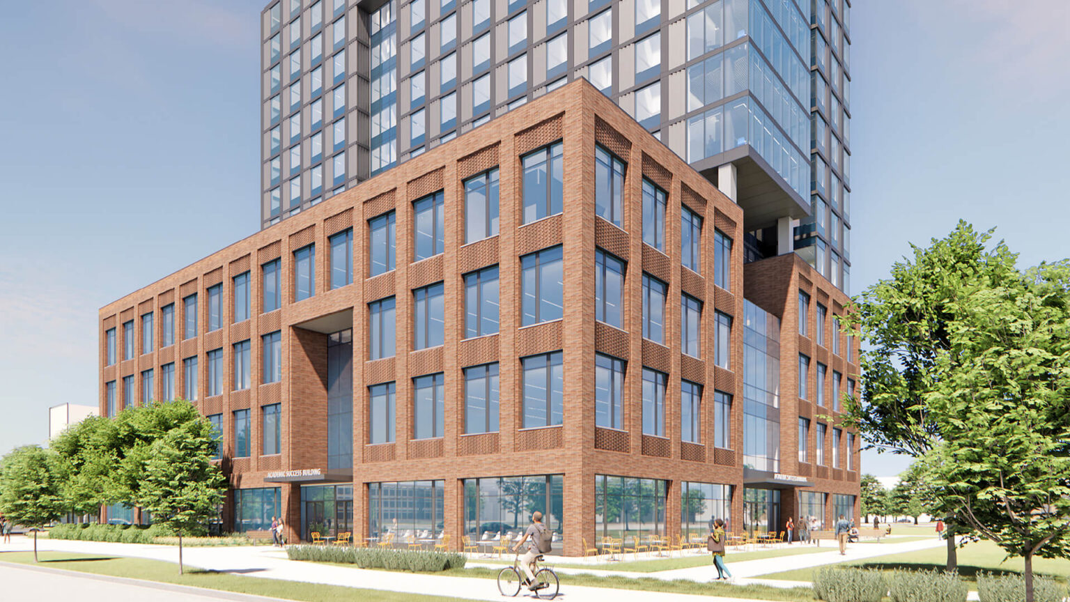 An exterior rendering of Purdue’s new Academic Success Building, a 248,000-square-foot, 15-floor, mixed-use academic and residential facility