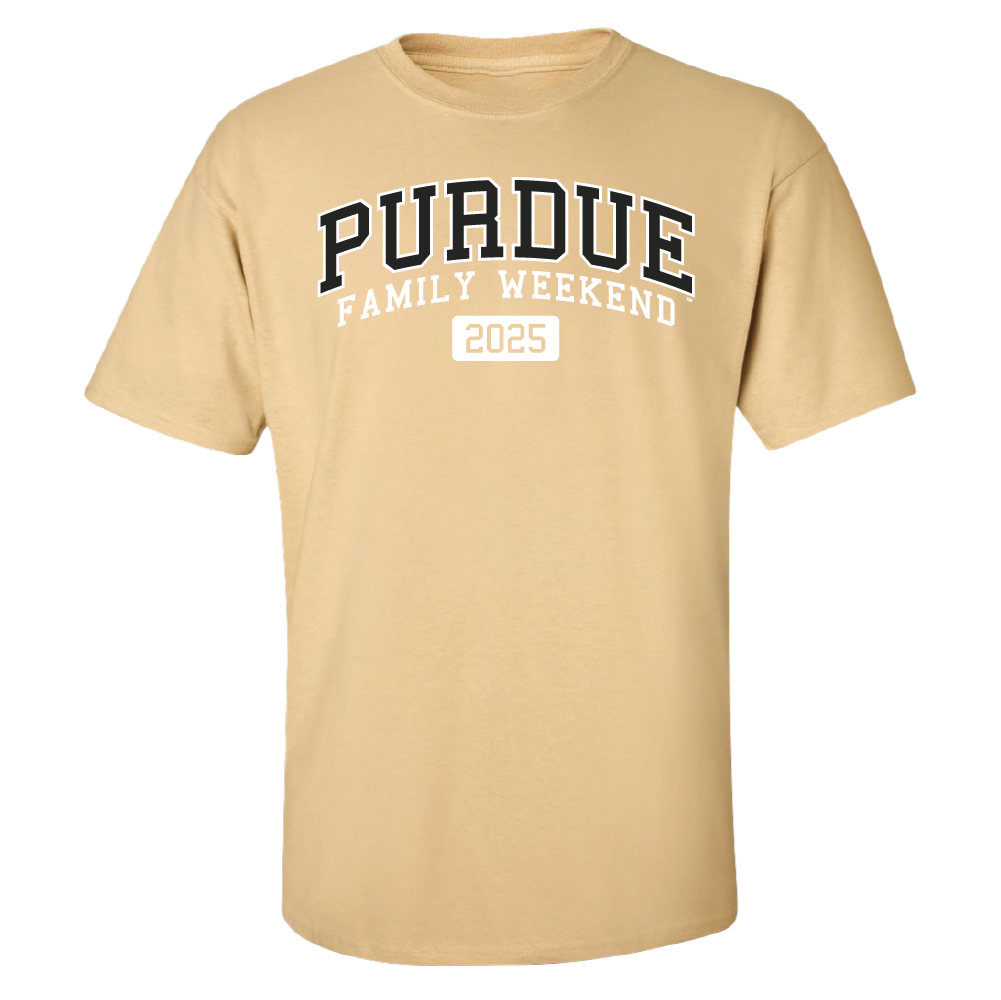 gold t-shirt with words Purdue Family Weekend 2025